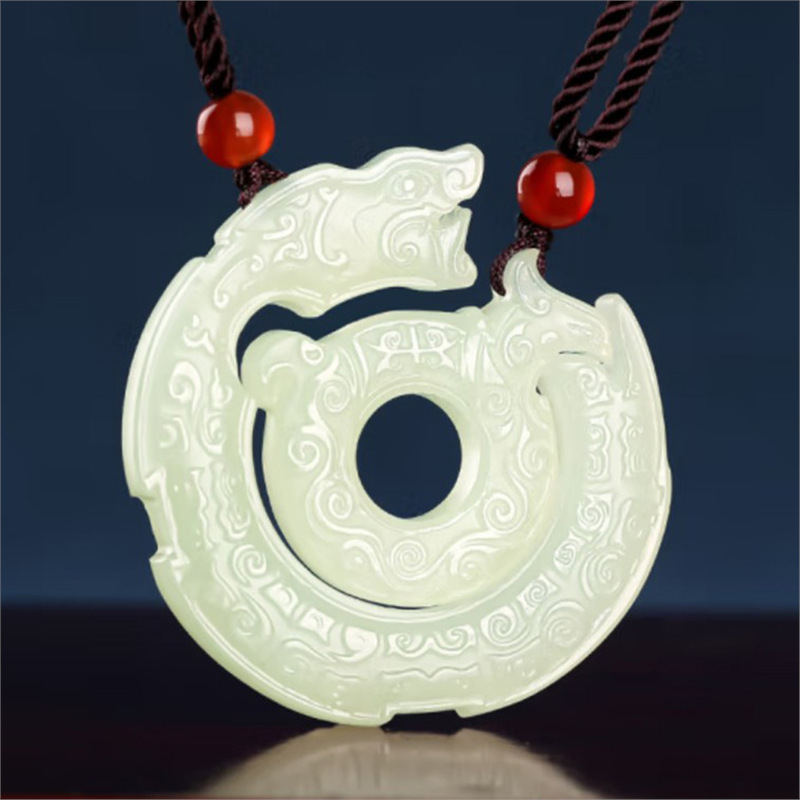 批发和田玉龙凤呈祥男女情侣款玉佩吊坠一对同心圆玉坠青白玉项链