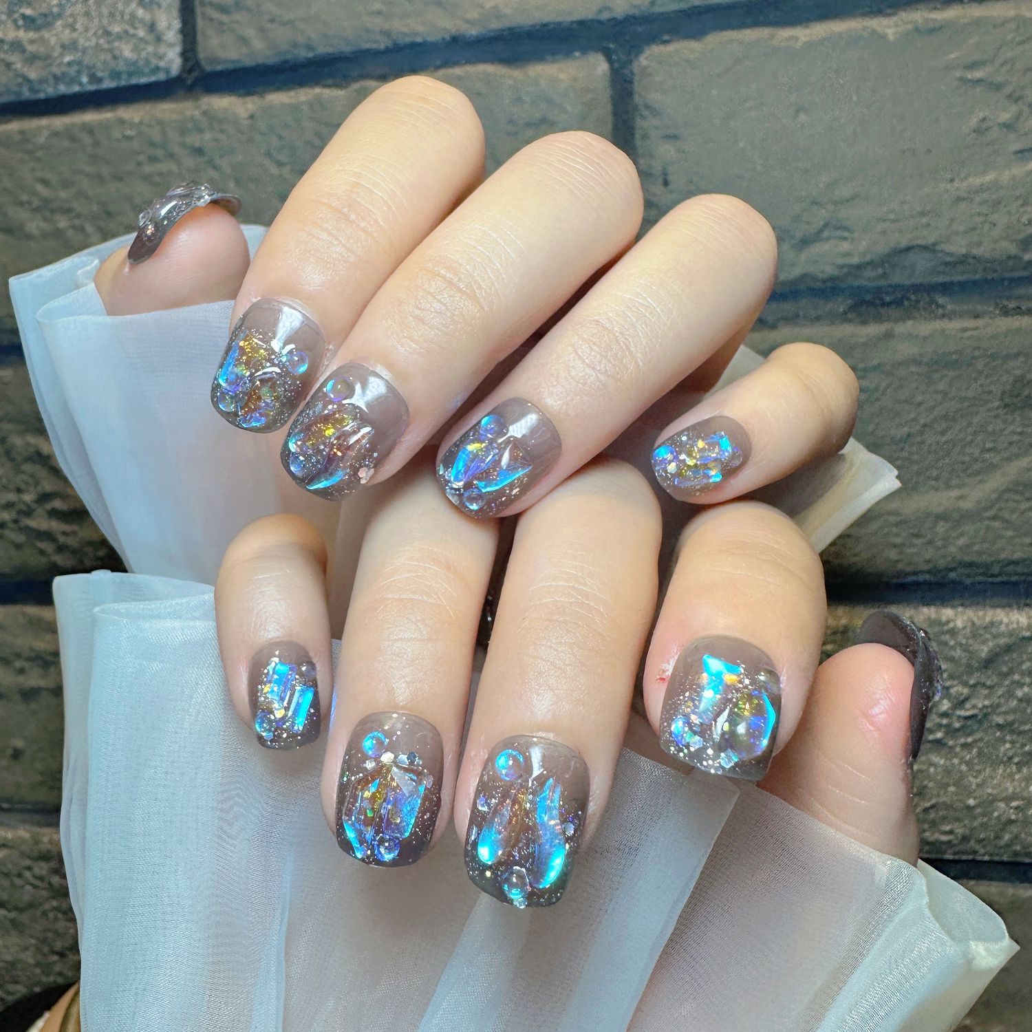 qc17-冰透黑极光钻手工款穿戴甲亮片美甲短款假指甲成品24片批发