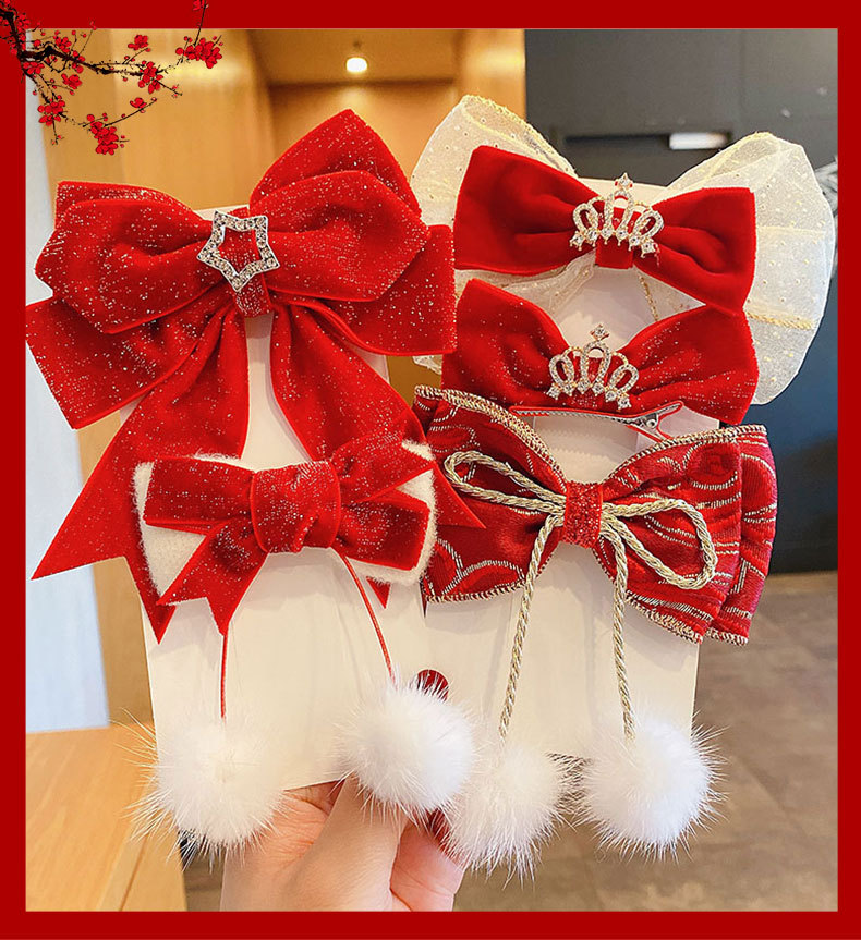 过年红色蝴蝶结发夹女孩中国风喜庆发夹女童古风公主毛球新年头饰