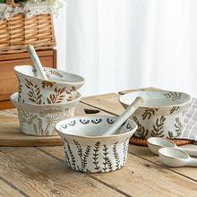 日式陶瓷米饭碗手绘釉下彩家用小碗创意甜品碗夏季沙拉碗陶土勺子