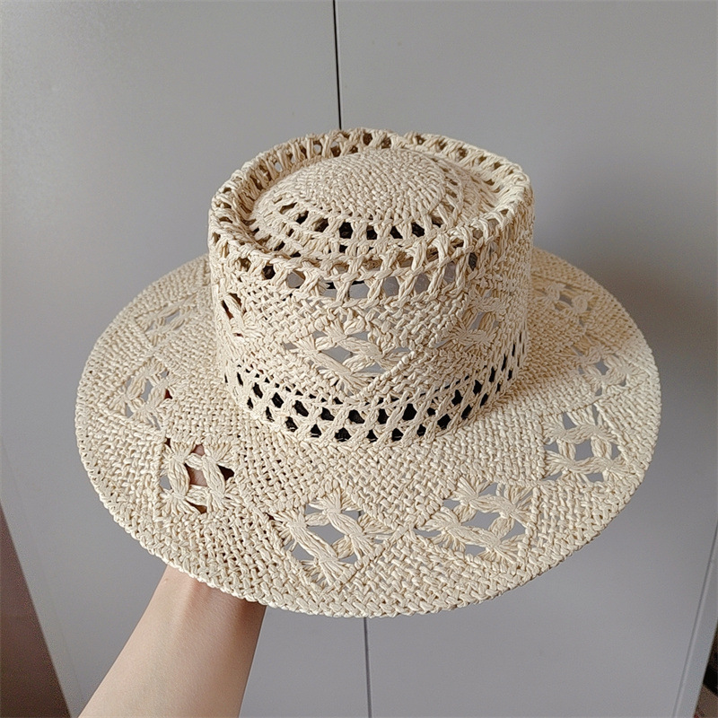 日系法式复古钩针镂空编织宽檐平顶礼帽女夏天遮阳