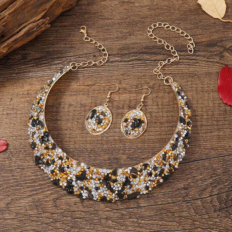 跨境热销电镀镶钻首饰复古民族耳坠项链亚马逊爆款领子耳坠项链女