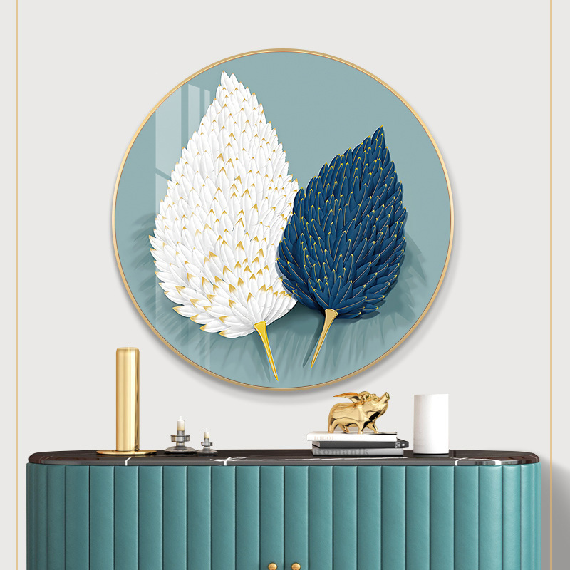 玄关装饰画轻奢羽毛餐厅挂画简约北欧客厅玄关过道走廊圆形晶瓷画