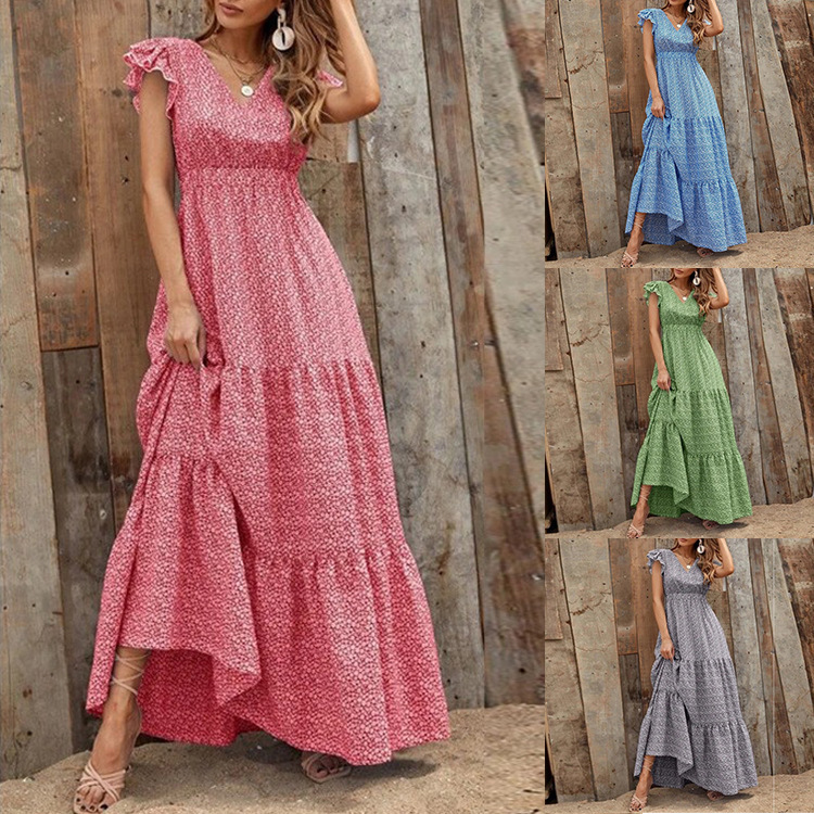 Cross-Border Amazon AliExpress 2023 New V-neck Printed Short Sleeve Waist-Controlled Long Dress Bohemian Dress for Women