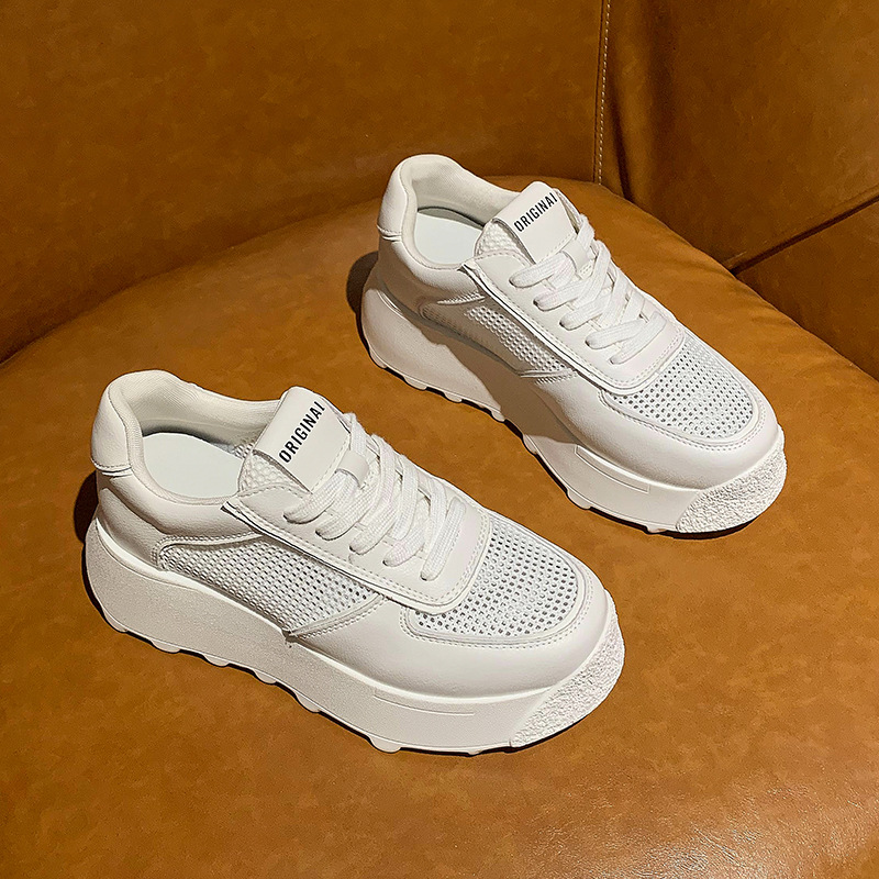 低帮真皮老爹鞋女2021夏季新款厚底网面透气增高显瘦学生运动单鞋