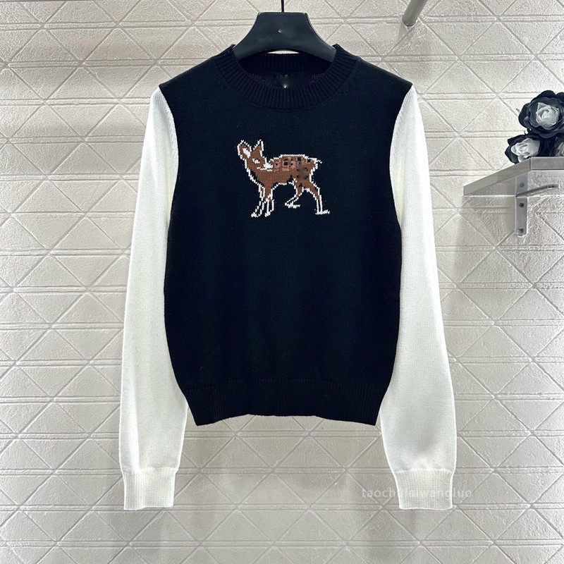 小鹿嵌花拼色套头针织毛衣 休闲随性风显瘦百搭长袖上衣 CT83991