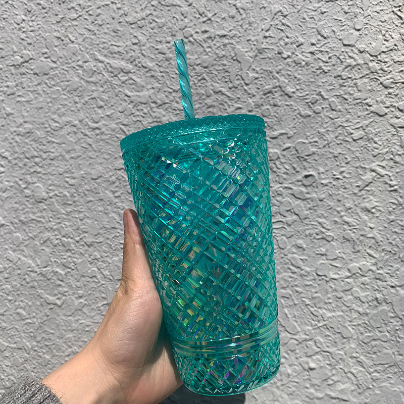 2023 Cross-Border New Arrival 16Oz Small Plastic Rhombus Cup with Straw Diamond Cup Rattan Cup with Straw Customizable Logo