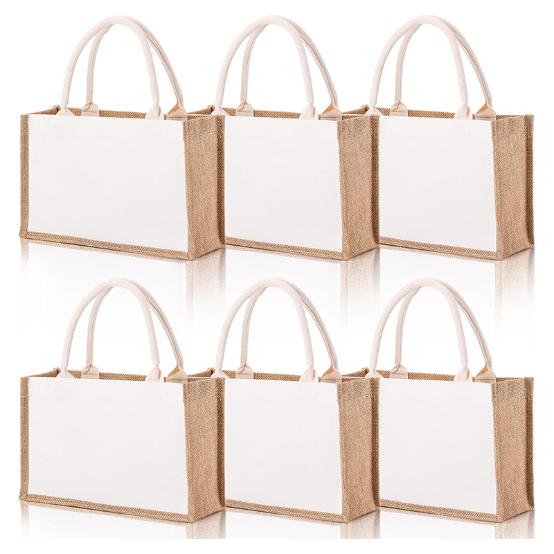 白色帆布拼接粗麻布购物手提袋 dty手绘立体环保袋单肩小号黄麻袋