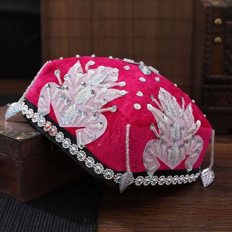 新疆舞蹈帽子女四角帽维吾尔族演出花帽辫子民族舞艺考广场舞头饰