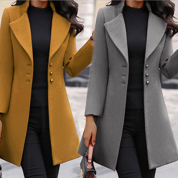 europe and america cross border mid-length autumn and winter korean style lapel slimming solid color slim women woolen coat outerwear