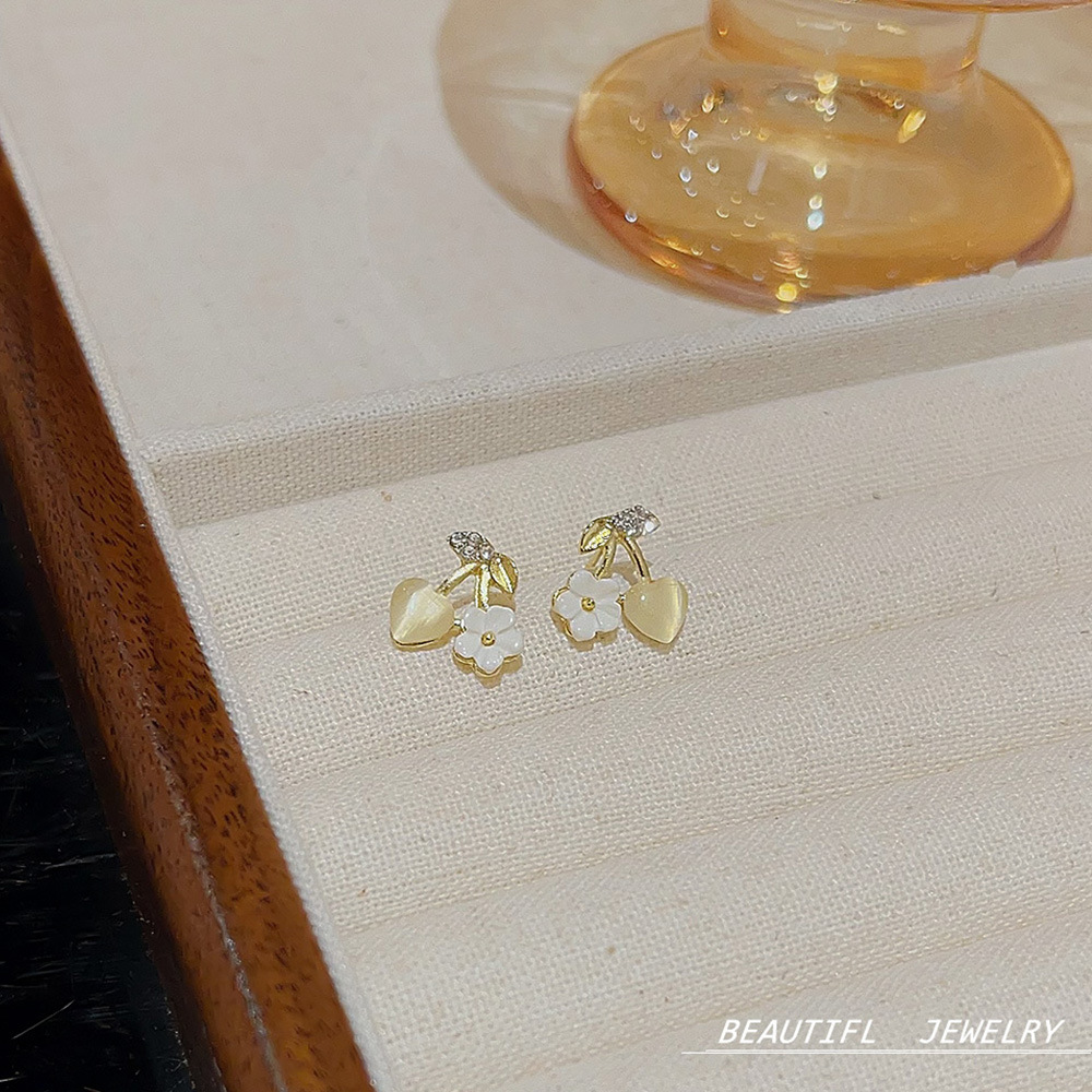925 Silver Needle Cherry Petite Earrings Sweet Girl Flower Earrings High Sense Light Luxury Temperament Niche Ear Jewelry