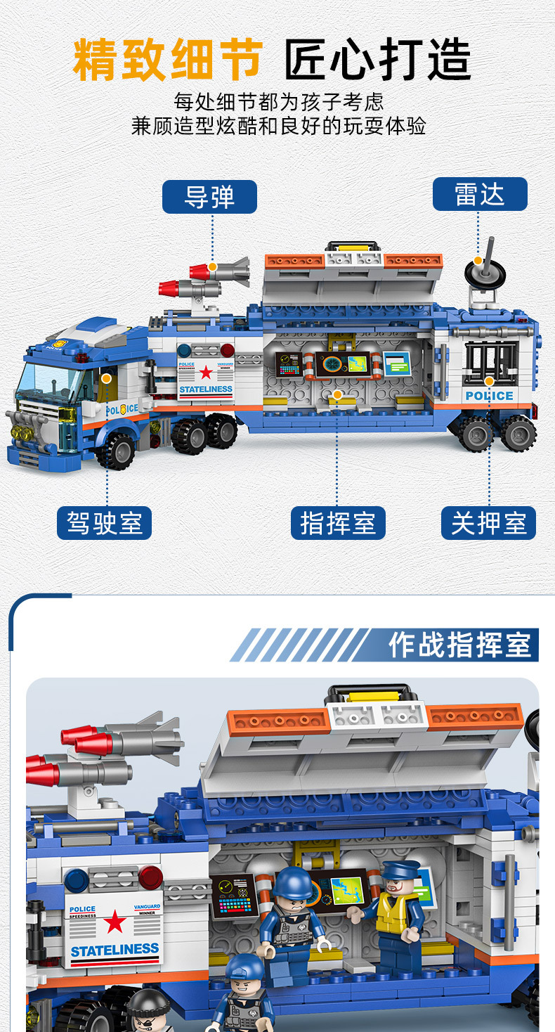 品兴警察指挥车变形机器人儿童拼装拼插玩具兼容乐高积木6男孩
