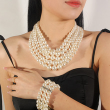 欧美跨境夸张仿珍珠串珠三件套套装 多层珍珠项链jewelryset 2420
