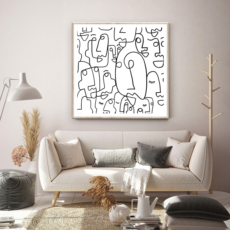 装饰画ins卧室床头挂画抽象人物线条简笔壁画现代简约黑白相框画