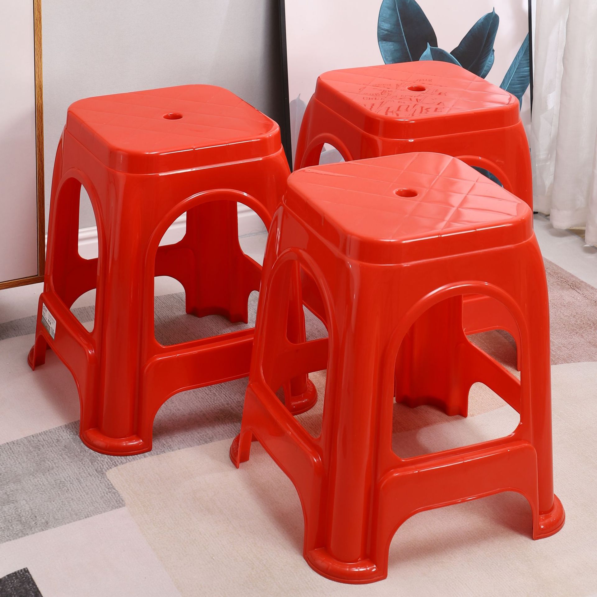 红色塑料凳子加厚家用熟胶椅子客厅简约高凳子大排档餐厅板凳方凳
