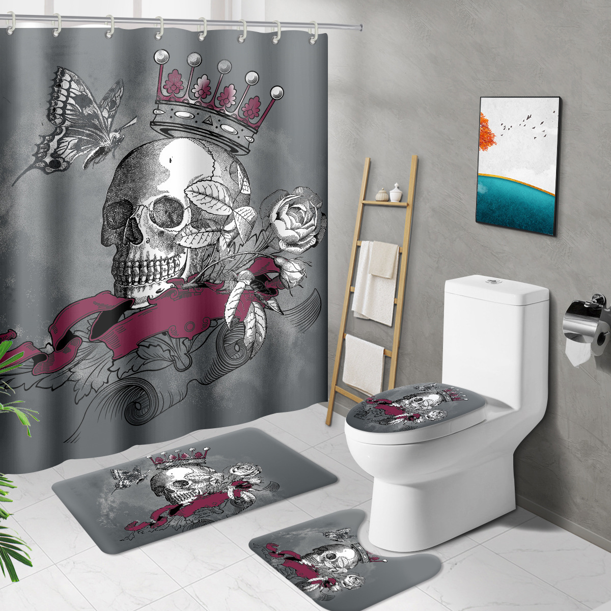 Halloween Shower Curtain Four-Piece Set Pirate Ship Captain Skull Printing Shower Curtain Bathroom Shower Curtain Non-Slip Mat Wholesale