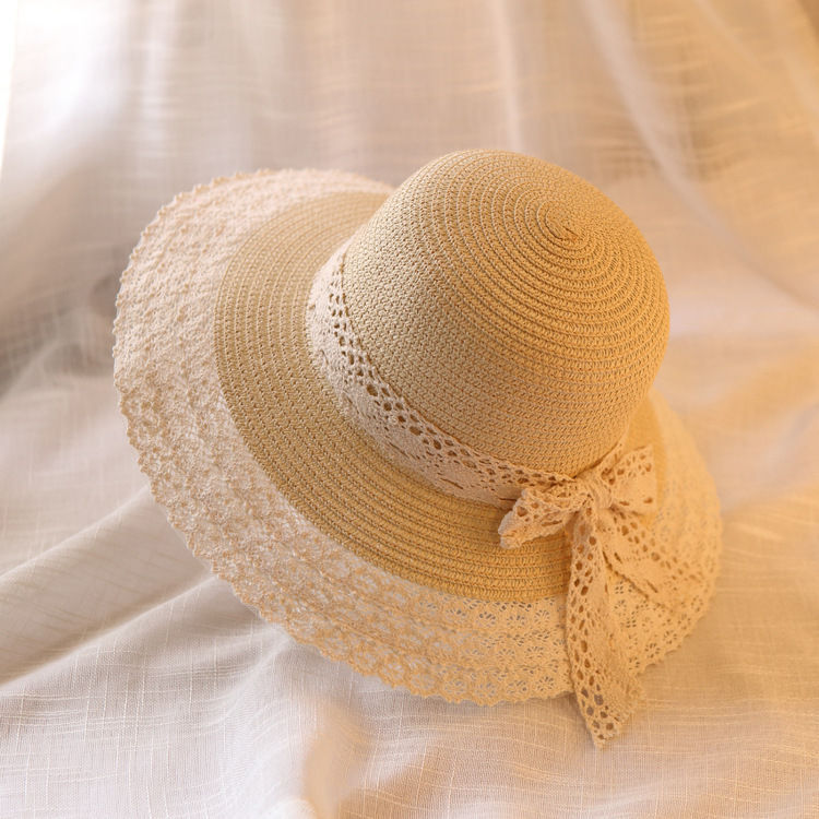 2023 Summer New Uv Protection Lace Bow Straw Hat Summer Little Fresh Sun Protection Sun Hat for Women