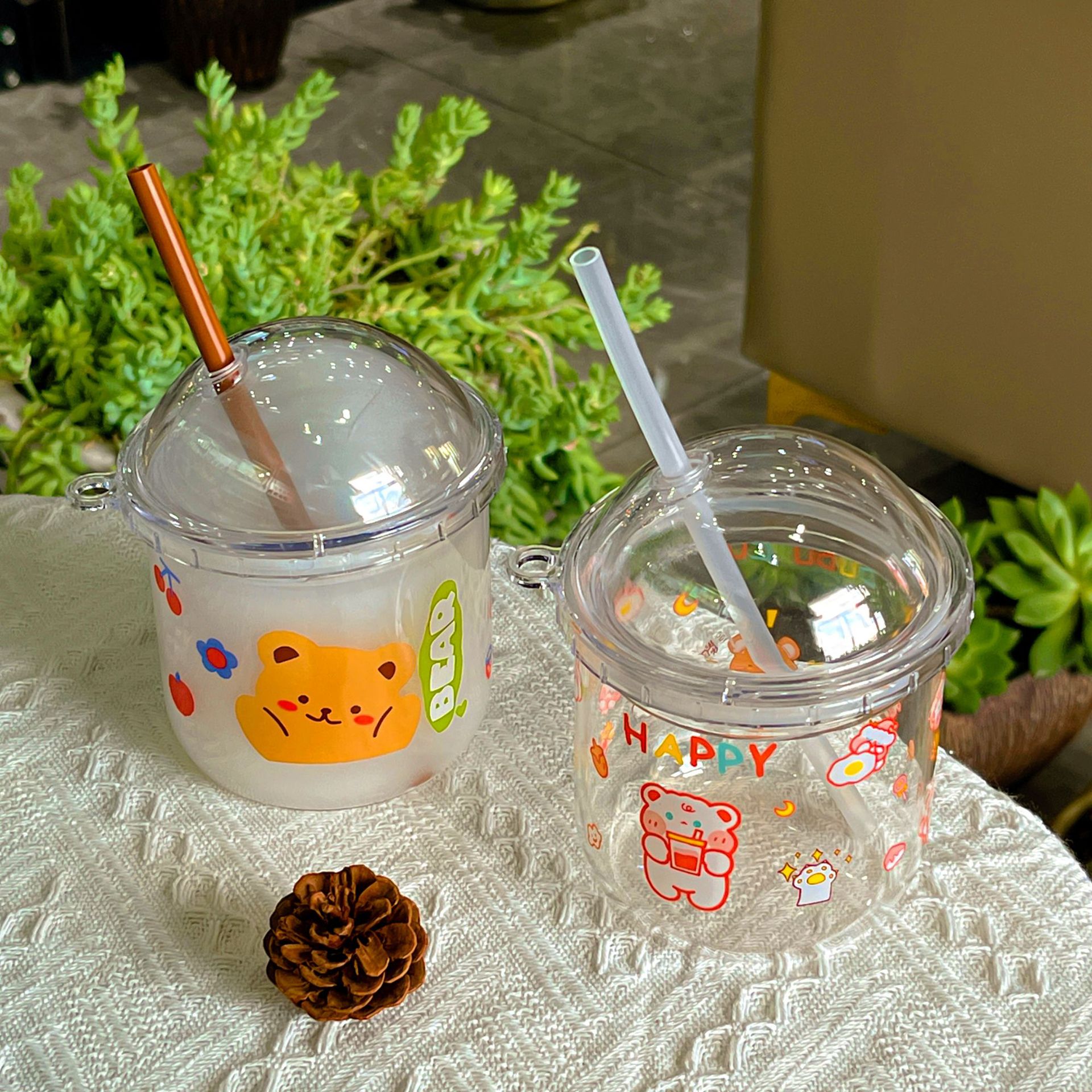 高硼硅玻璃吸管杯女生果汁牛奶水杯bobo杯卡通透明杯子吸管水杯