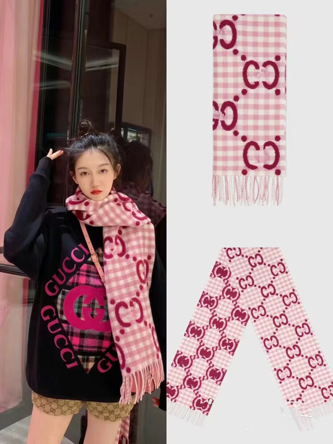 新款双面拼色羊毛围巾女大字母流苏印花粉色羊绒披肩两用保暖围脖