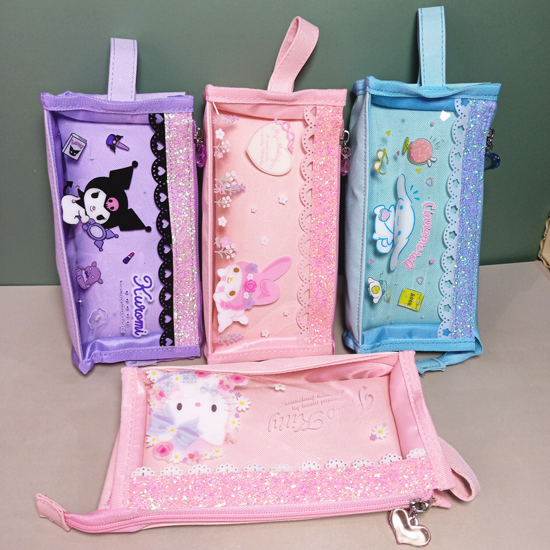 正版闪粉三丽鸥双层笔袋库洛米大白狗透明文具袋美乐蒂收纳袋笔盒