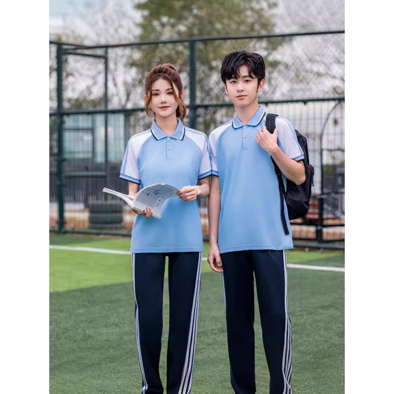 夏季中学生短袖校服套装初中生高中生白蓝色polo衫小学生t恤班服t
