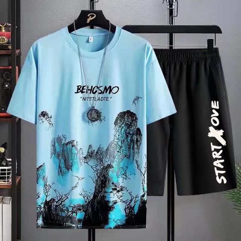 l  Shirt ess Clothing Men's Spring and Summer Thin Tie-Dyed Short Sleeve National Style andscape Painting in Stock Wholesale Crew Neck Casual Suit