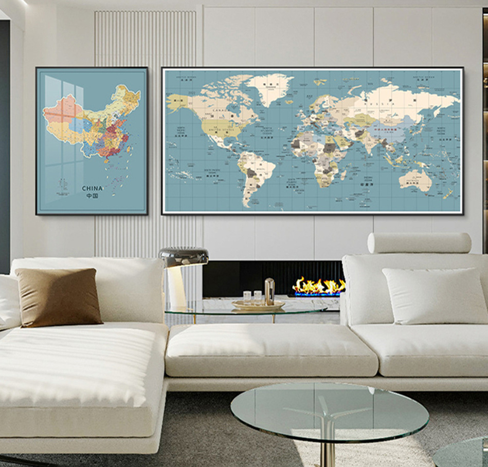 世界地图挂画中英文客厅沙发背景墙画办公室壁画书房壁画中国地图