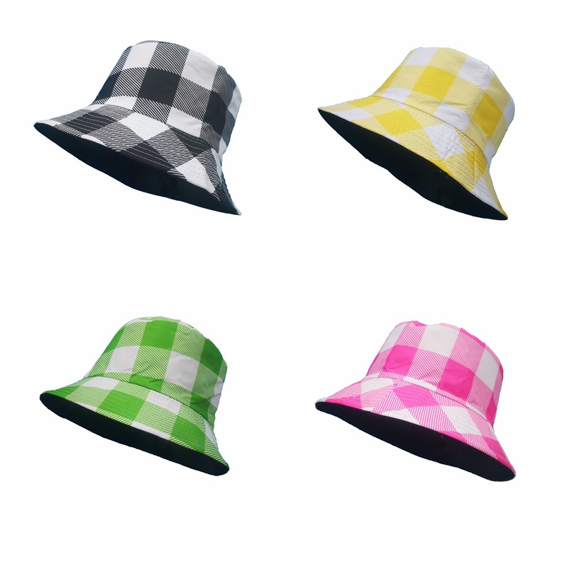 Amazon New Checked Cloth Bucket Hat Women's Hat Double-Sided Sun-Proof Basin Hat Outdoor Casual Sun Hat Tide