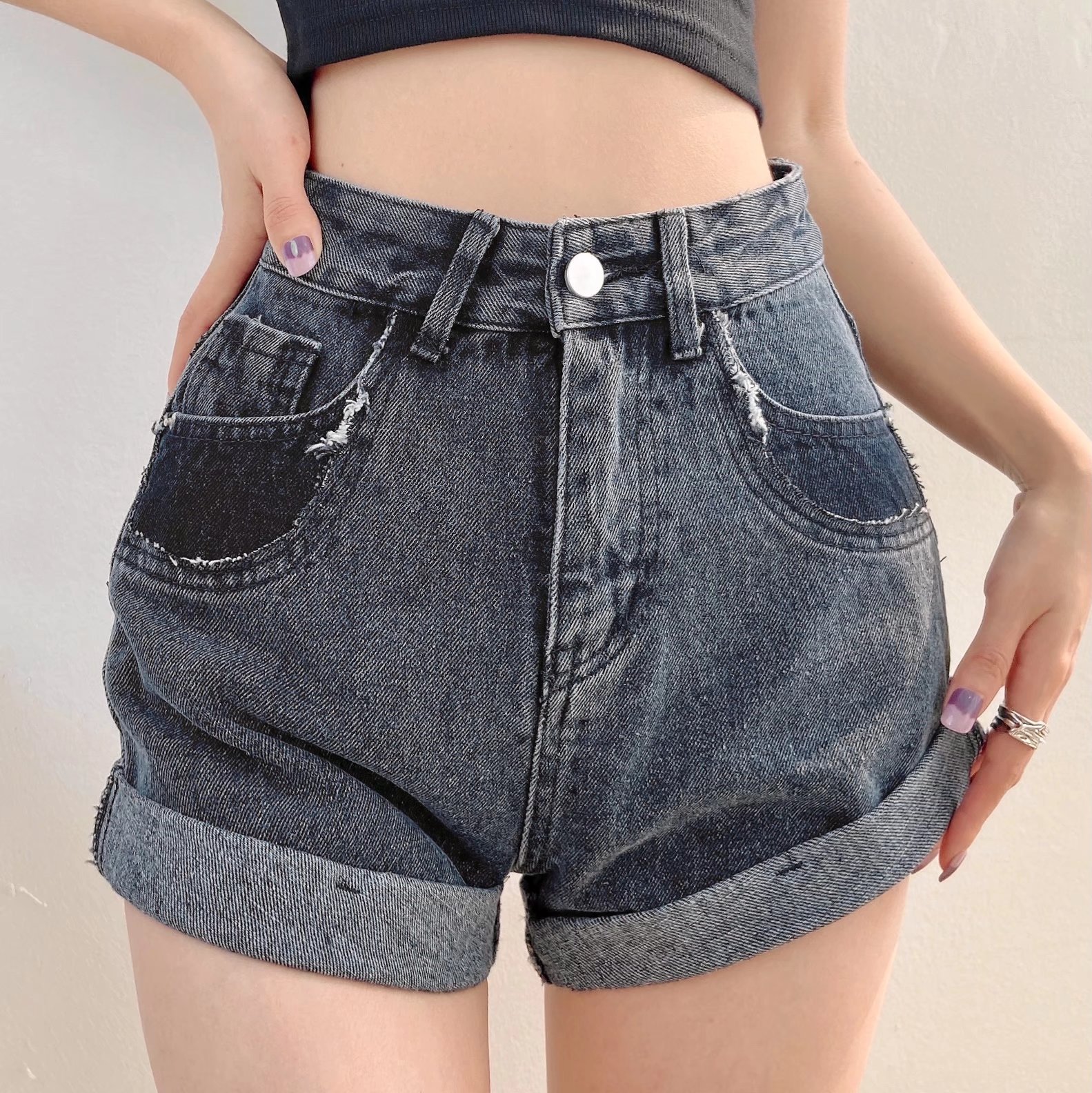 欧美风女装高腰卷边牛仔短裤春季新款宽松a字牛仔热裤ins潮