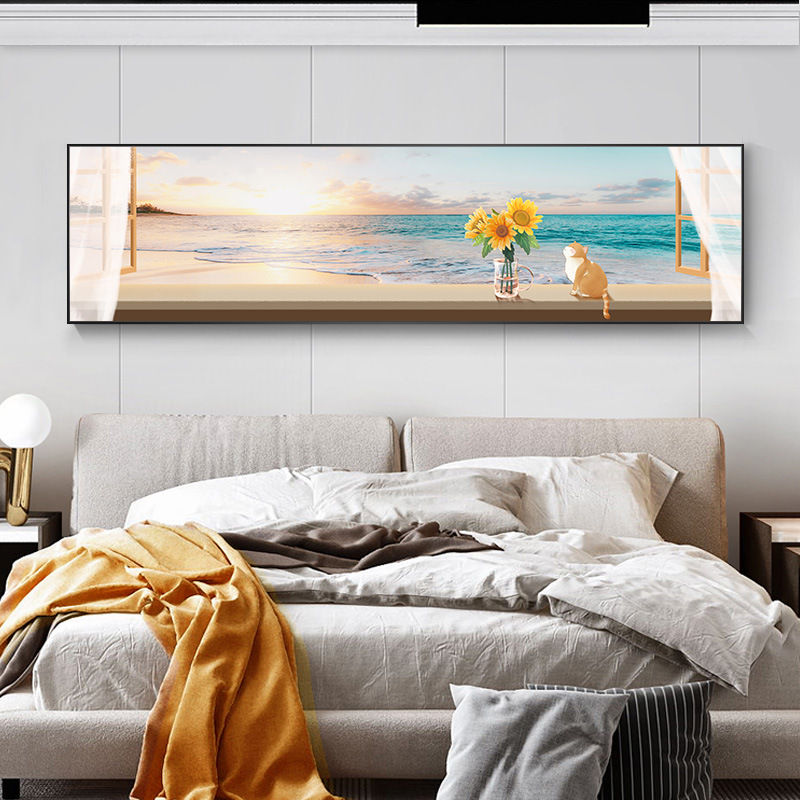 北欧卧室装饰画房间风景大海猫咪主卧床头挂画温馨现代假窗户油画