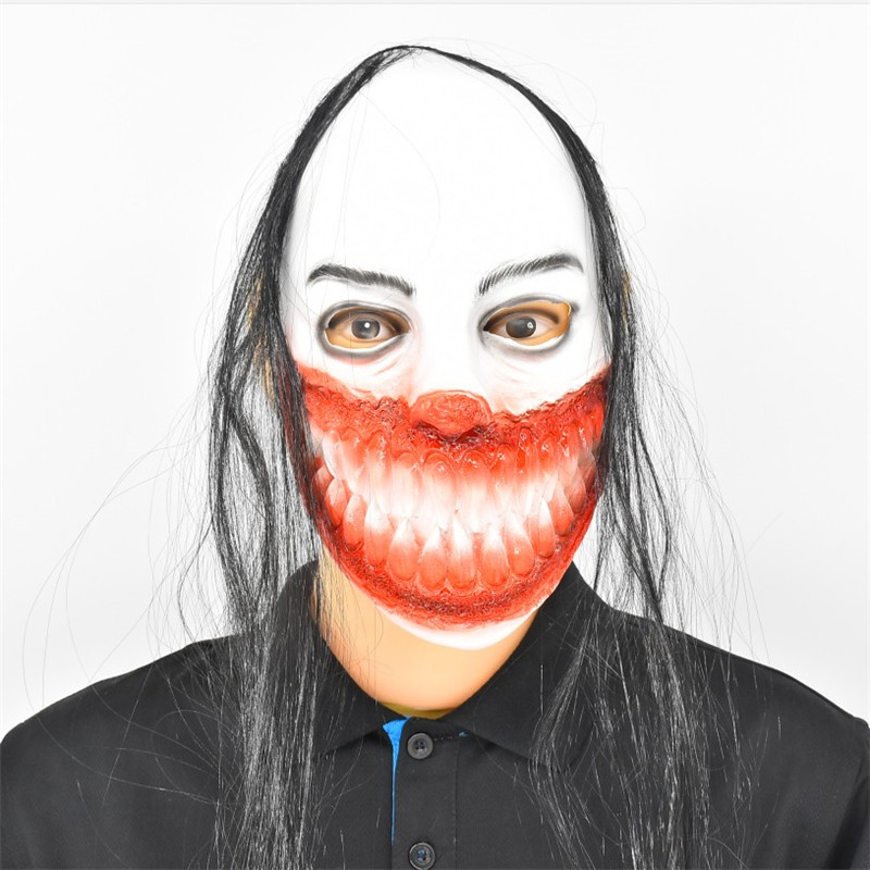 万圣节半脸流泪女鬼面具黑发尖牙鬼头套乳胶脸谱面罩道具mask