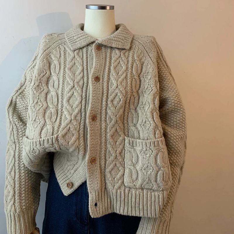 日系2023年翻领麻花粗针毛衣开衫外套女春季宽松外穿polo领针织衫