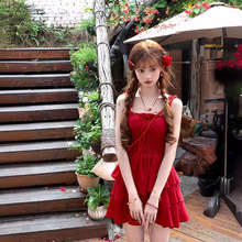 咸鱼衣橱 红色吊带连衣裙女夏季甜美小个子蛋糕裙富家千金小红裙