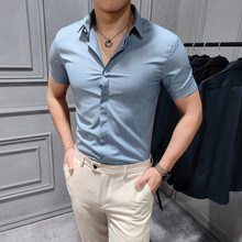 衬衫男短袖夏季韩版帅气修身款潮流商务休闲条纹男士衬衣免烫