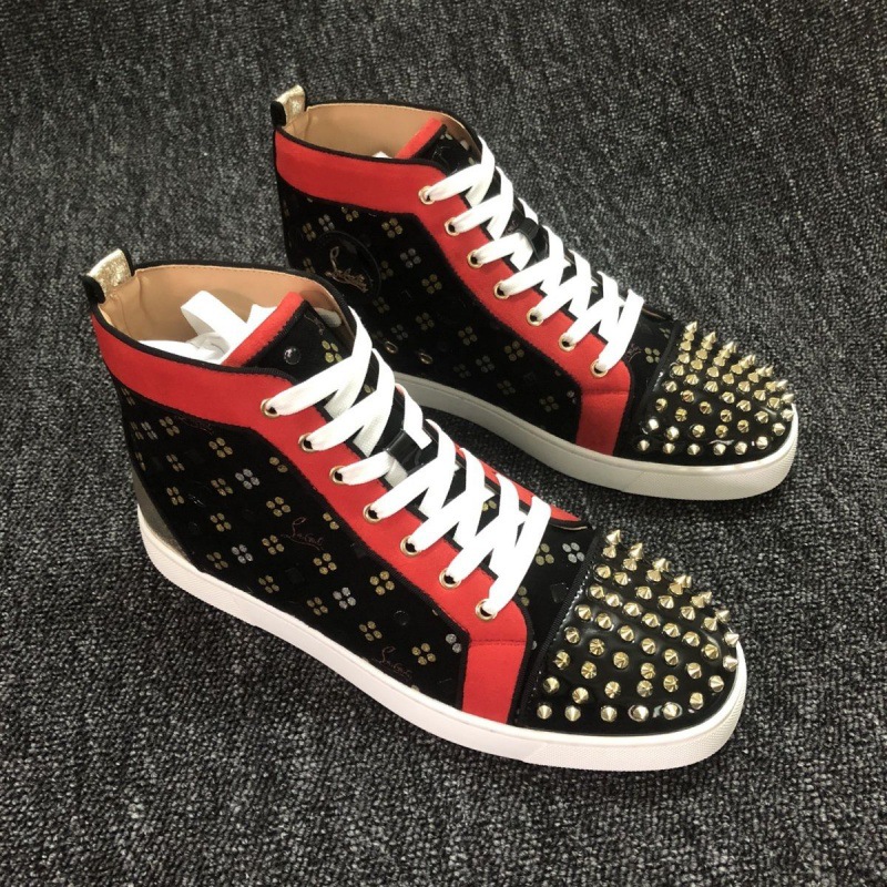 潮流cl红底鞋春季新款高帮男女鞋时尚系带铆钉鞋休闲高帮百搭小伙