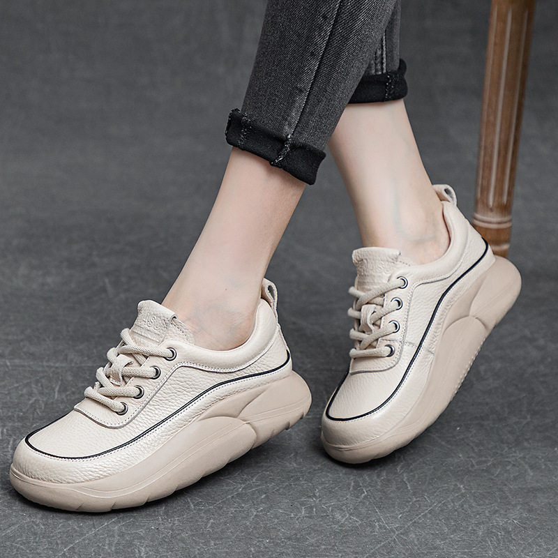 Cowhide Casual Shoes-8 First Layer Lightweight Platform Female Lace-up Student Board Shoes Retro Color Matching Sports Shoes Autumn