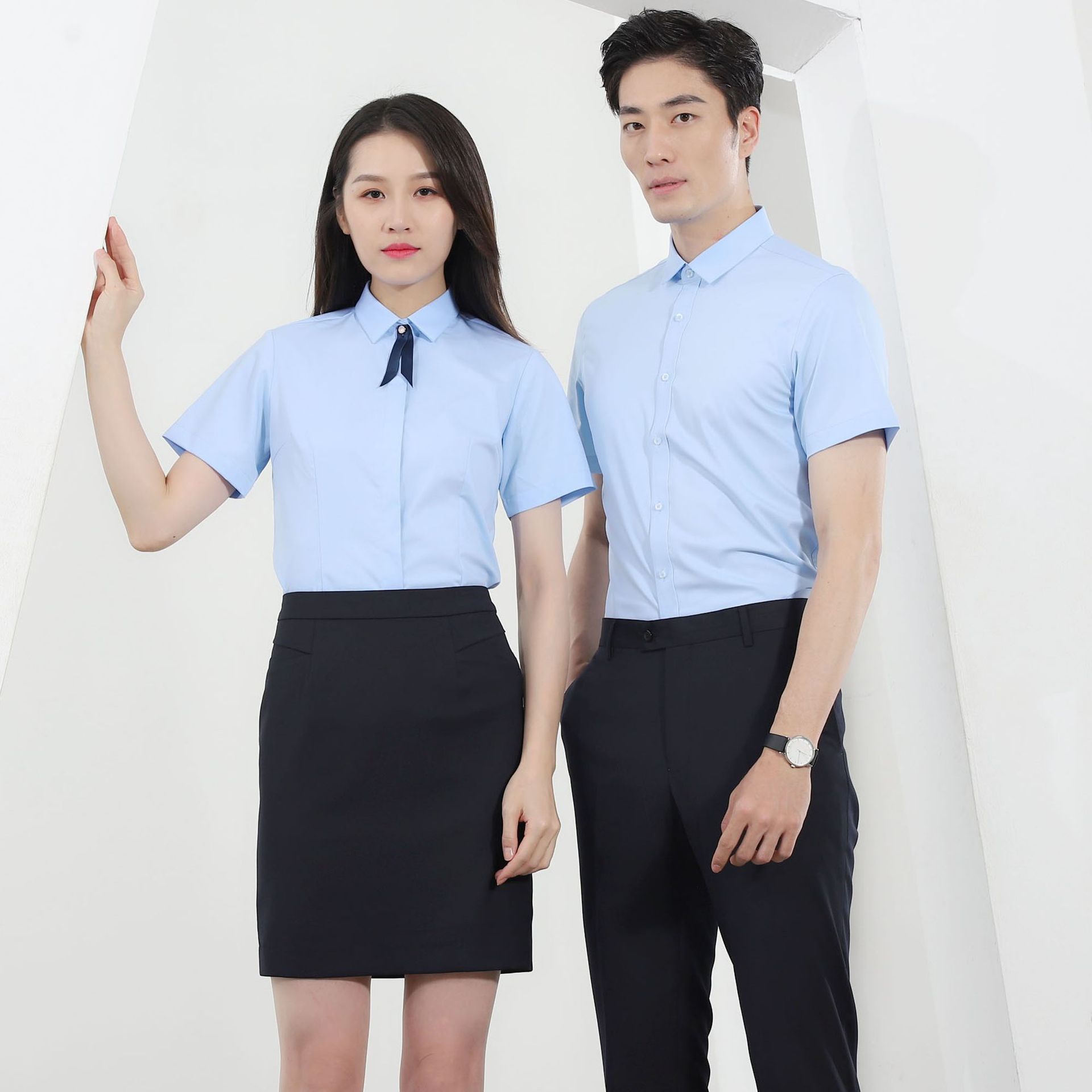 冰丝竹纤维男女短袖正装套装职业衬衫工作服销售工装衬衣绣logo