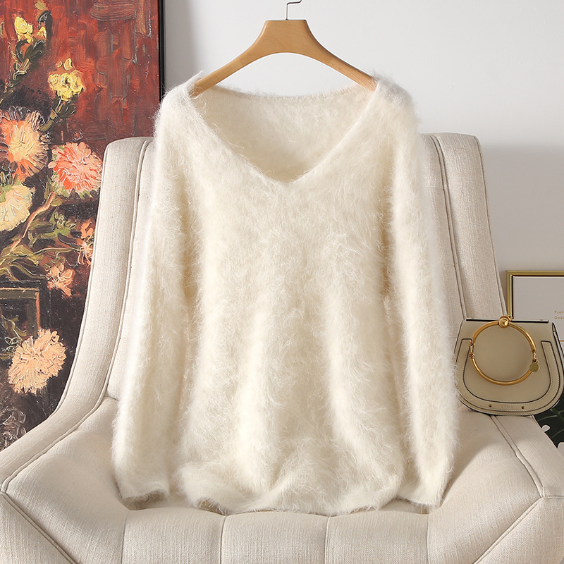 阿尔巴卡苏利羊驼绒毛衣进口59�by羊驼毛长绒v领慵懒风拉毛毛衣