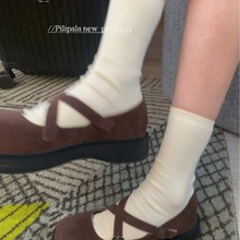 “咖啡午后”灰白色袜子女中筒堆堆袜竖螺纹棉百搭纯色透气休闲