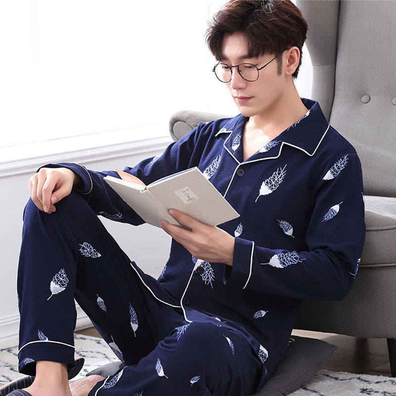 Men's Pajamas Long Sleeve Spring and Autumn Pajamas Men's Spring and Summer Thin Home Wear Youth Middle-Aged Pajamas a Set of Men's Solid Color Cotton