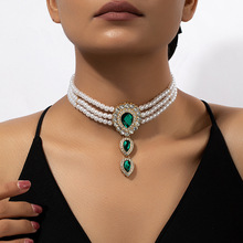 祖母绿镶钻水滴珍珠多层项链欧美时尚夸张个性颈链设计感网红轻奢