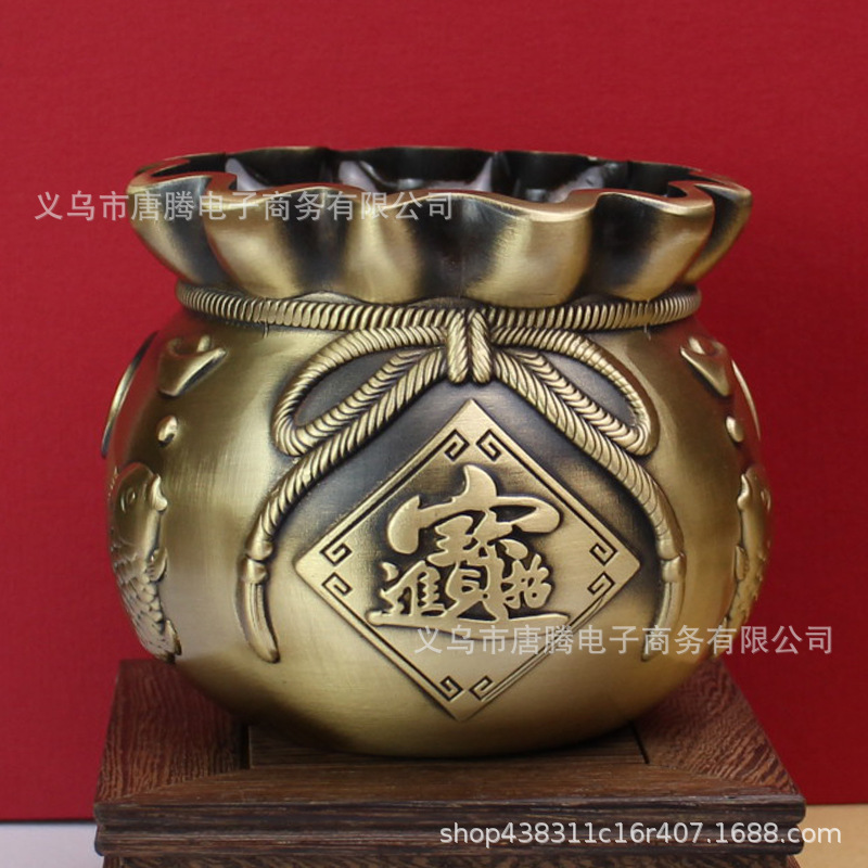 黄铜摆件钱袋子招财进宝铜缸办公室笔筒金属摆件仿古纯铜工艺品