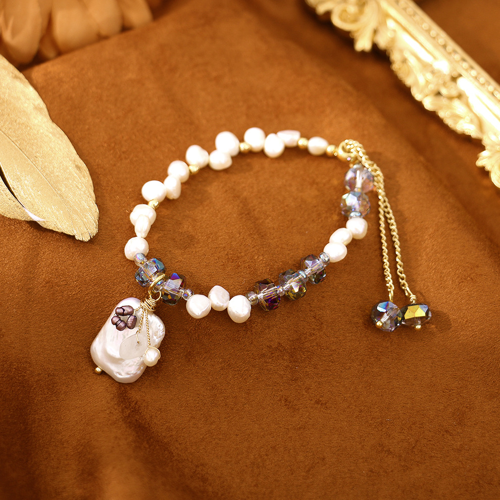 原创巴洛克珍珠绿水晶手链设计感轻奢时尚淡水珠抽拉手链手串饰品