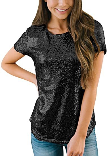 2022亚马逊欧美新款女装 全亮片闪光短袖圆领t恤 女式上衣