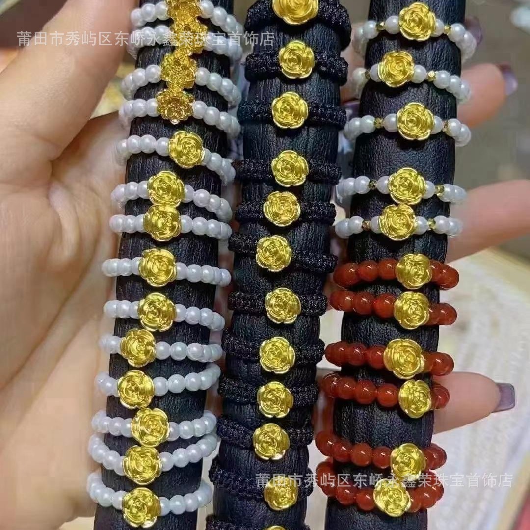 批发黄金玫瑰花戒指女款3d硬金足金999转运珠编织指环母亲节爆款