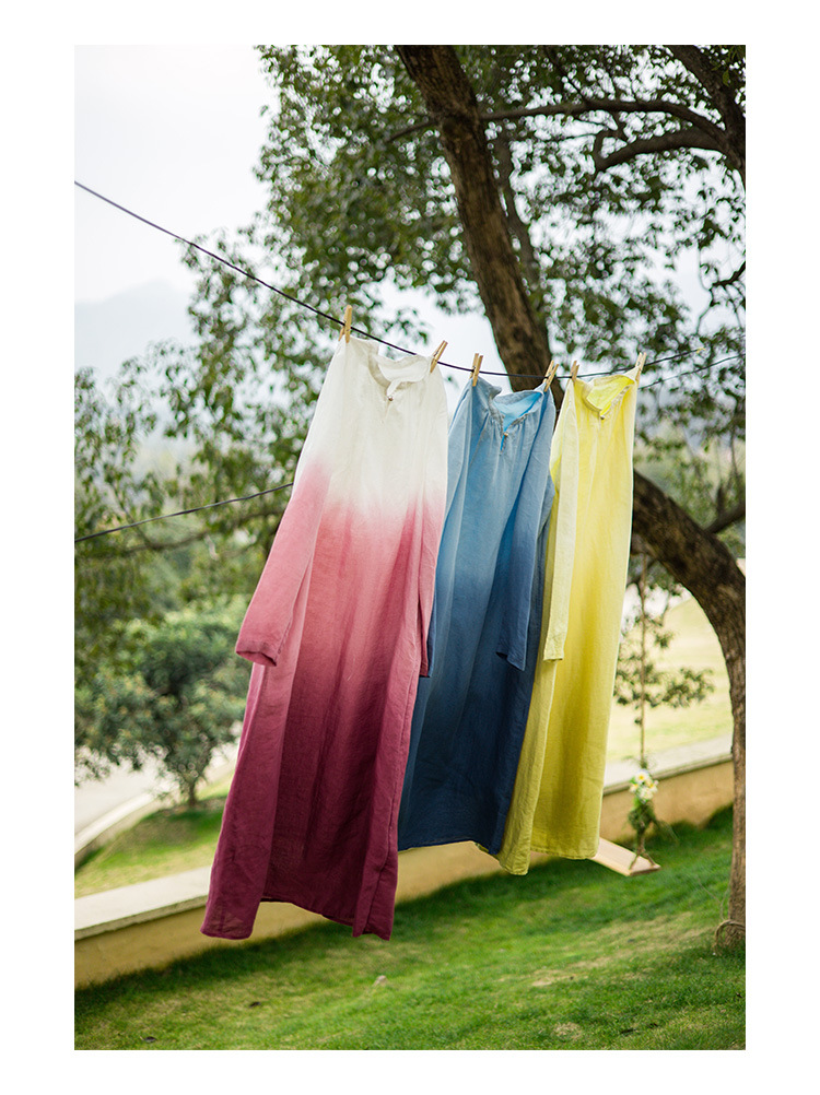 春夏新款渐变红吊染宽松复古亚麻长款连衣裙女袍子长袖