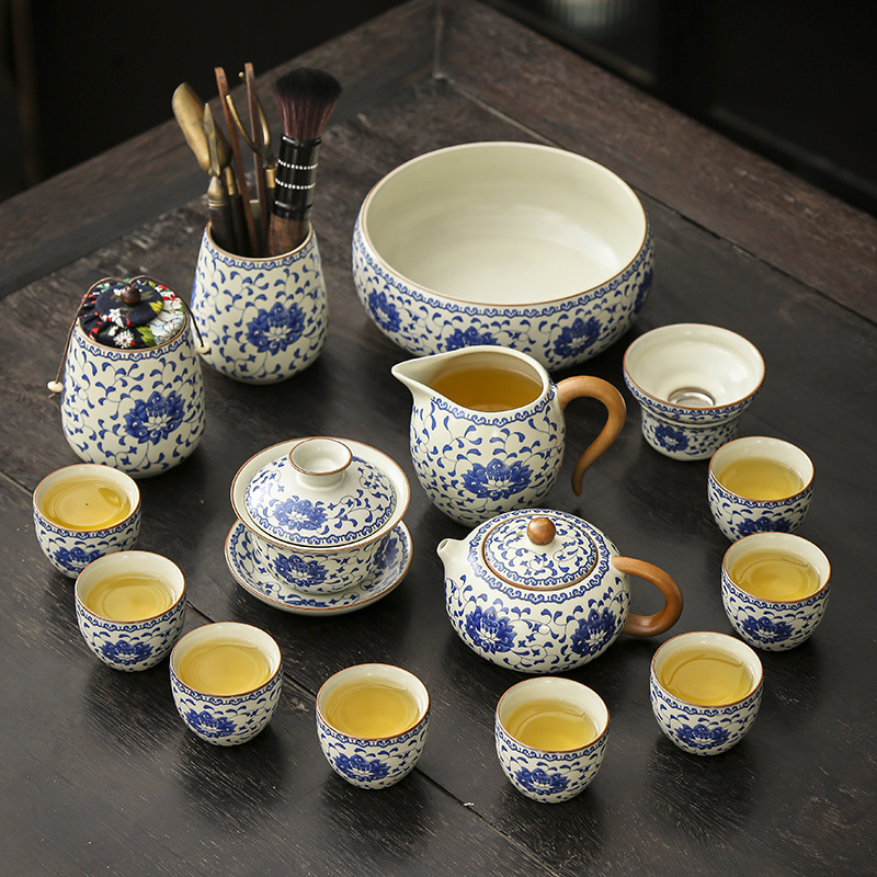青花缠枝莲米黄汝窑功夫茶具套装家用轻奢高档中式陶瓷茶壶泡茶器