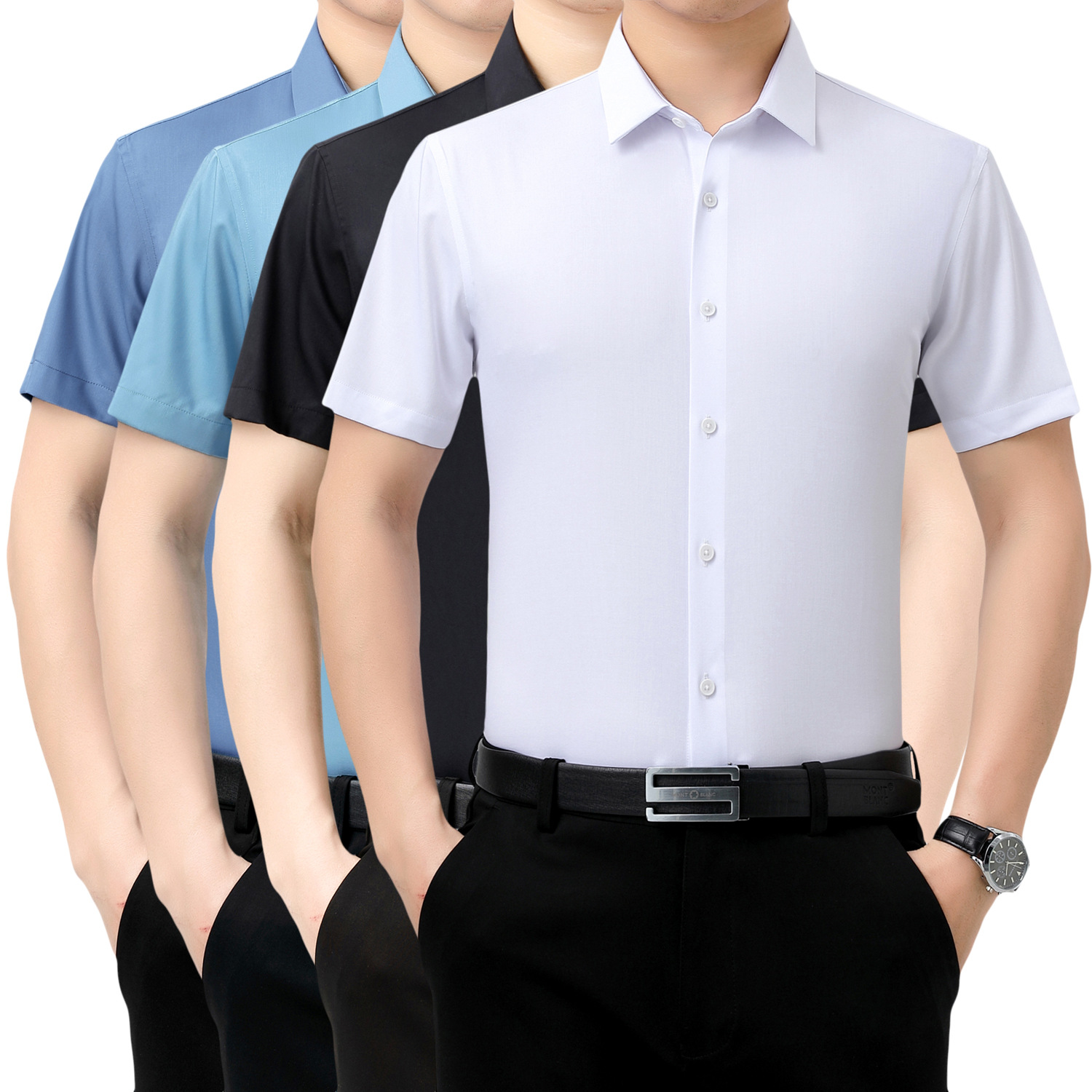 高端夏季新款桑蚕丝短袖衬衫男士商务正装衬衣中青年纯色免烫衬衫