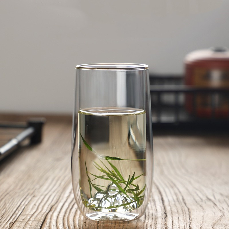 日式创意双层隔热绿茶杯 家用办公室泡茶杯 观山造型双层杯玻璃杯