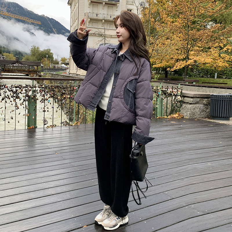 90%新标白鸭绒【新款首-发】羽绒服韩版牛仔拼接加厚外套女装